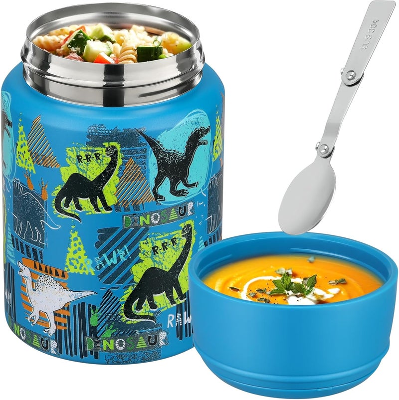 Aimsnk 17oz Soup Thermo for Hot Food Kids Insulated Food Jar,Thermo Hot Food Lunch Container, Width Mouth Stainless Steel Lunch Box for Kids with Handle Folding Spoon(Blue - Dinosaur) - Image 2